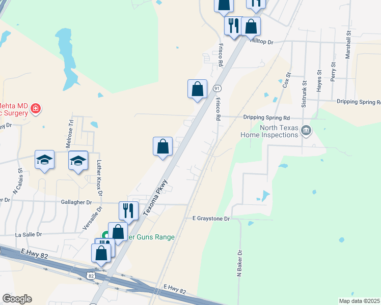 map of restaurants, bars, coffee shops, grocery stores, and more near 3801 Texoma Parkway in Sherman
