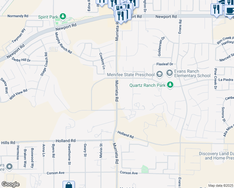 map of restaurants, bars, coffee shops, grocery stores, and more near Murrieta Road in Menifee