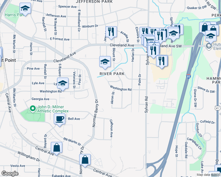 map of restaurants, bars, coffee shops, grocery stores, and more near 2895 Akron Street in East Point