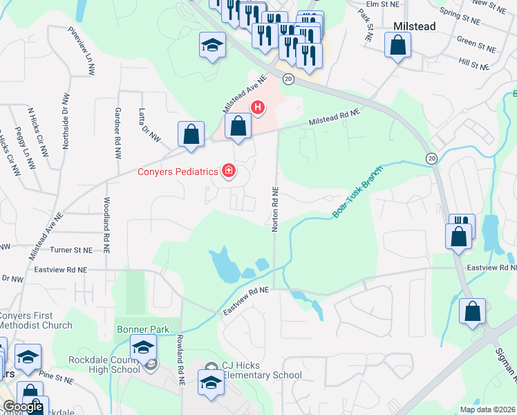 map of restaurants, bars, coffee shops, grocery stores, and more near 160 Wellbrook Court Northeast in Conyers