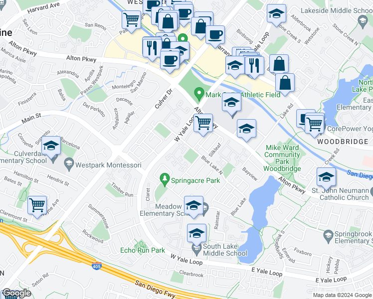 map of restaurants, bars, coffee shops, grocery stores, and more near 7 Havenwood in Irvine