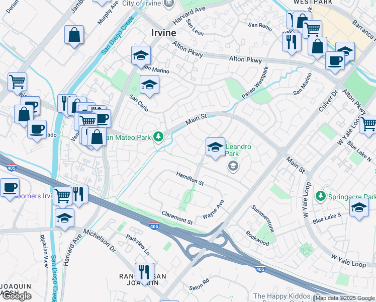 map of restaurants, bars, coffee shops, grocery stores, and more near 18 Trapani in Irvine