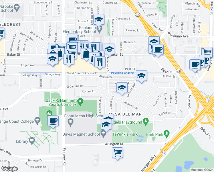 map of restaurants, bars, coffee shops, grocery stores, and more near 2865 Mendoza Drive in Costa Mesa