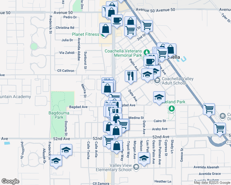 map of restaurants, bars, coffee shops, grocery stores, and more near 51298 Harrison Street in Coachella