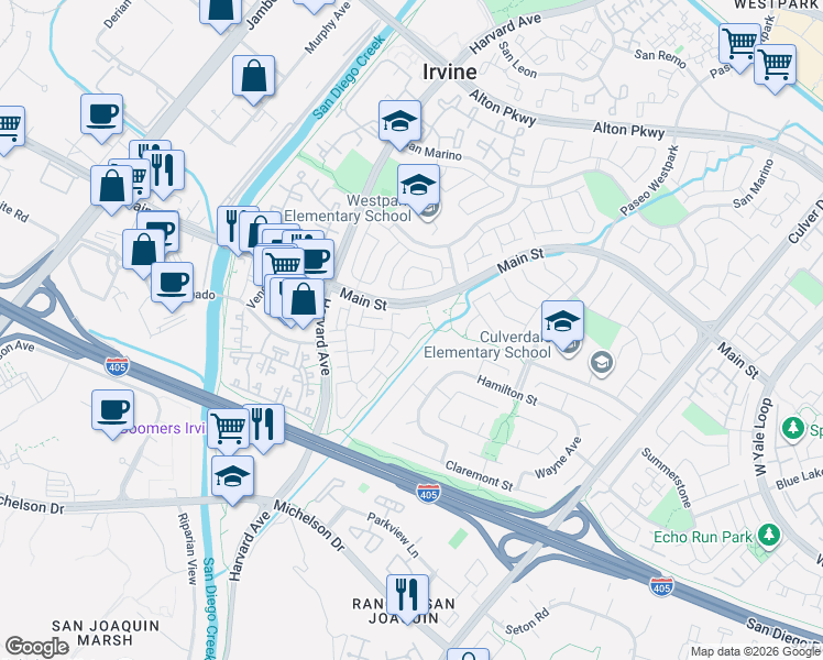 map of restaurants, bars, coffee shops, grocery stores, and more near 120 Agostino in Irvine
