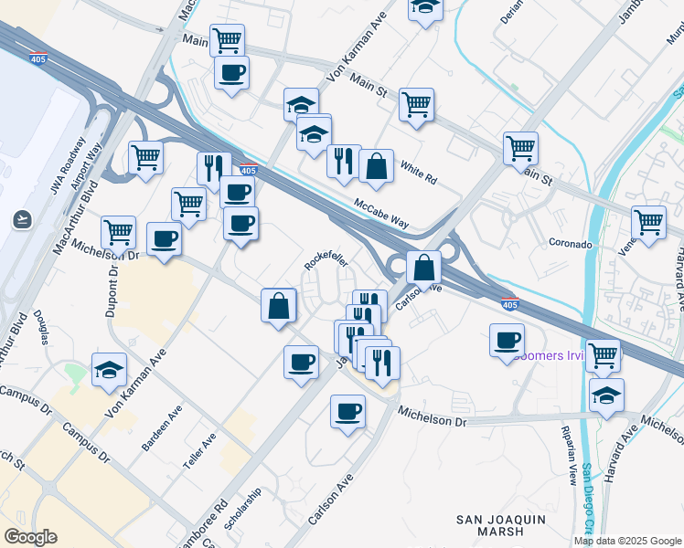 map of restaurants, bars, coffee shops, grocery stores, and more near 53 Gramercy in Irvine