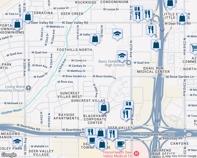 map of restaurants, bars, coffee shops, grocery stores, and more near 2939 West Rose Garden Lane in Phoenix