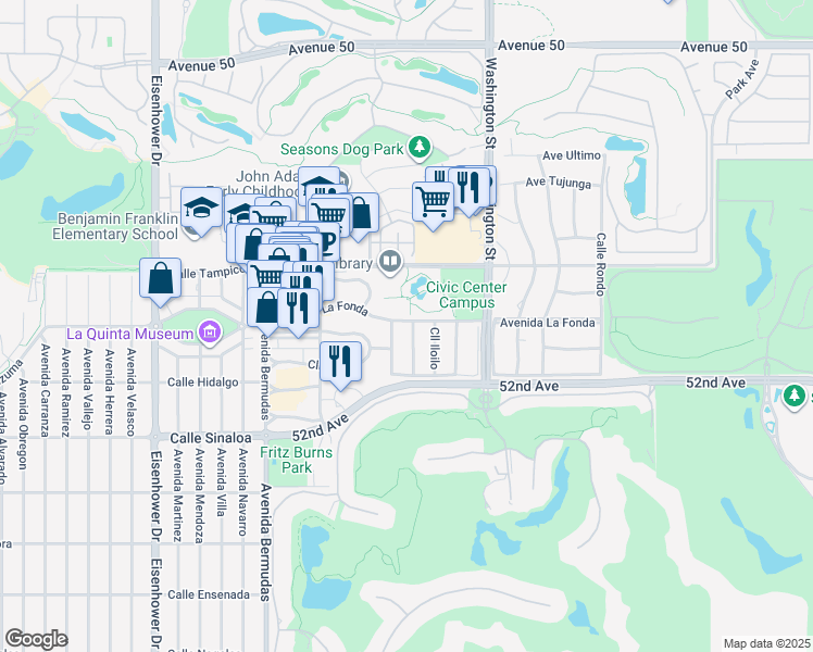 map of restaurants, bars, coffee shops, grocery stores, and more near 51255 Calle Hueneme in La Quinta