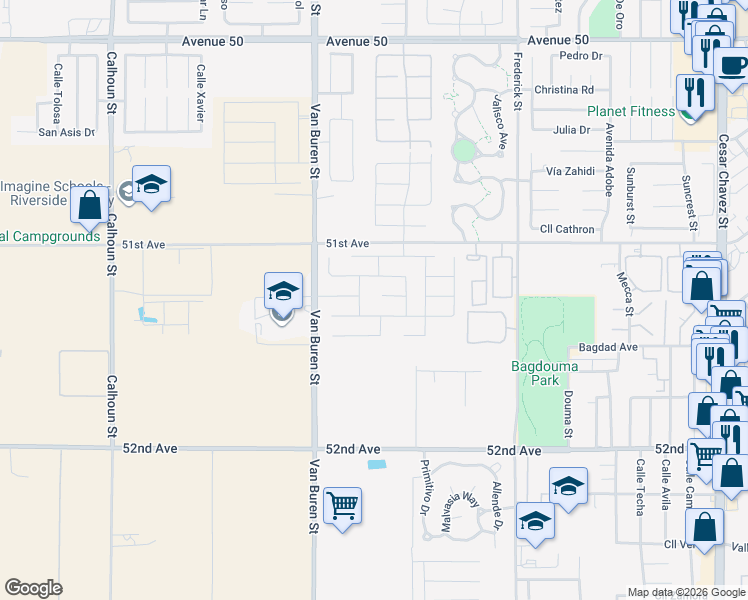 map of restaurants, bars, coffee shops, grocery stores, and more near 84163 Pismo Court in Coachella
