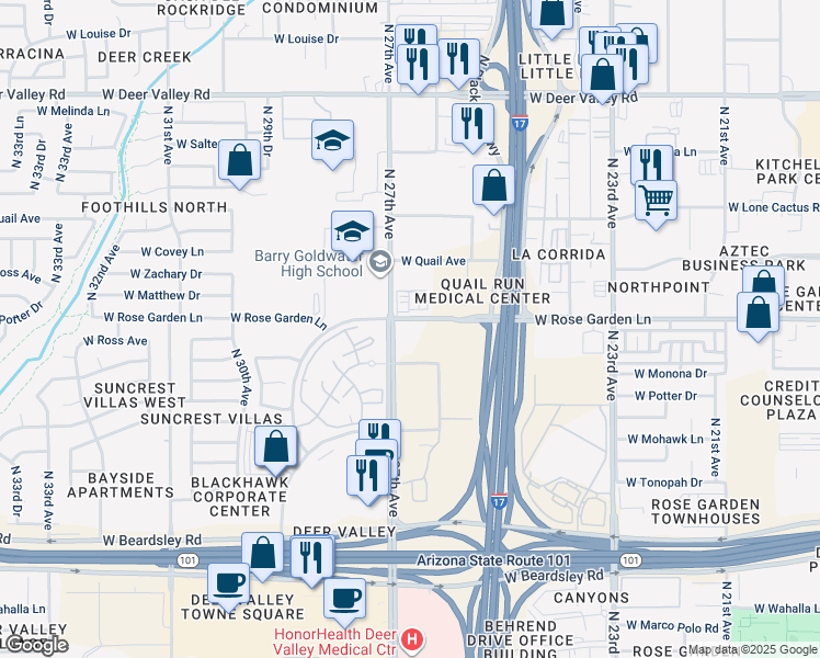 map of restaurants, bars, coffee shops, grocery stores, and more near 20827 North 27th Avenue in Phoenix