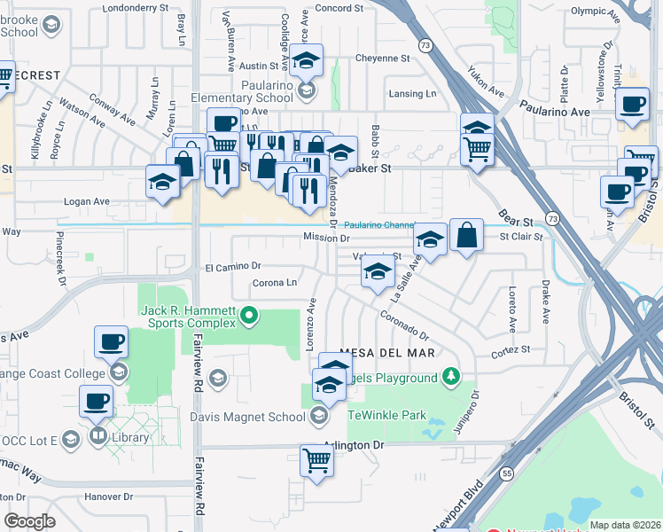map of restaurants, bars, coffee shops, grocery stores, and more near 2865 Mendoza Drive in Costa Mesa