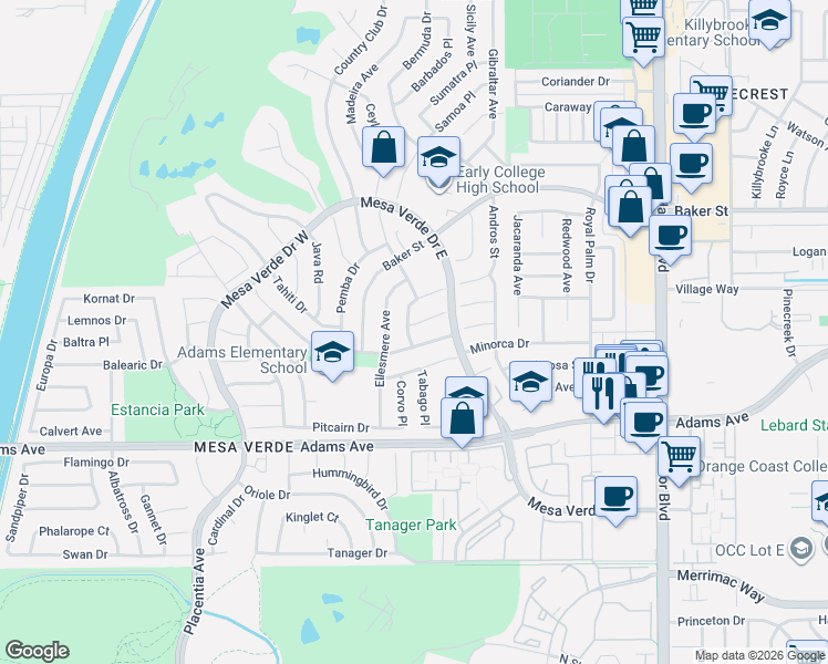 map of restaurants, bars, coffee shops, grocery stores, and more near 1713 Oahu Place in Costa Mesa