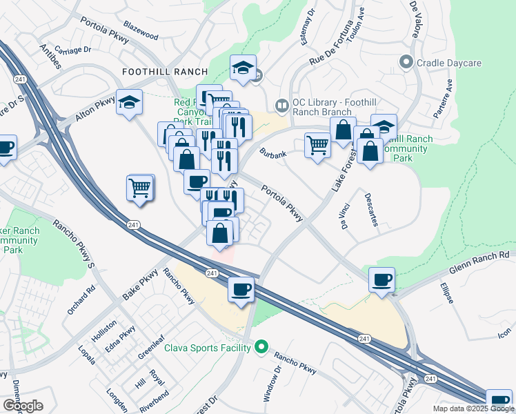 map of restaurants, bars, coffee shops, grocery stores, and more near 108 El Paseo in Lake Forest