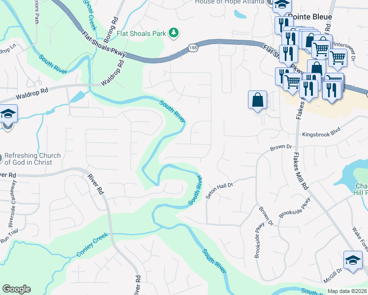 map of restaurants, bars, coffee shops, grocery stores, and more near 3600 River Edge Court in Decatur