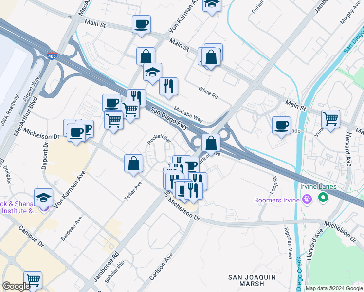map of restaurants, bars, coffee shops, grocery stores, and more near 135 Bowery in Irvine