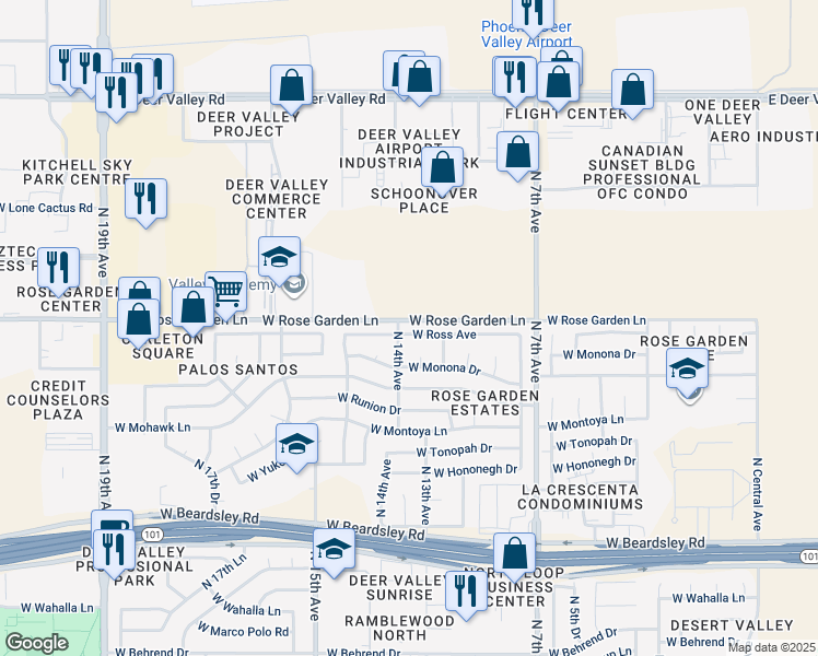 map of restaurants, bars, coffee shops, grocery stores, and more near 1126 West Ross Avenue in Phoenix