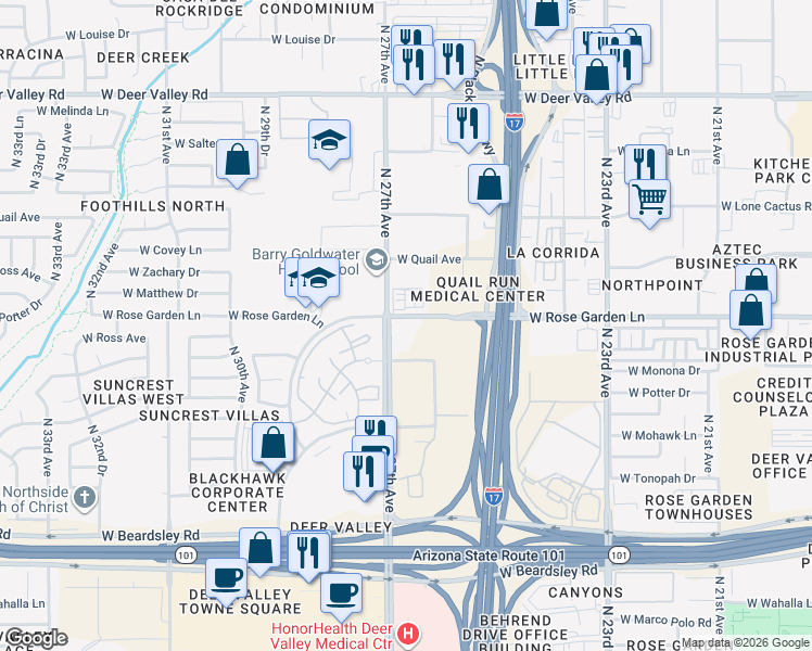 map of restaurants, bars, coffee shops, grocery stores, and more near 21011 North 27th Avenue in Phoenix
