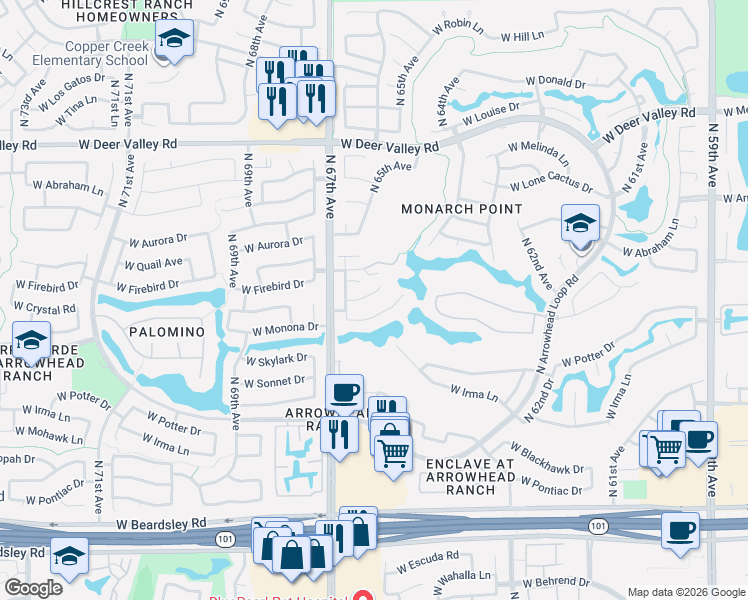 map of restaurants, bars, coffee shops, grocery stores, and more near 6648 West Rose Garden Lane in Glendale