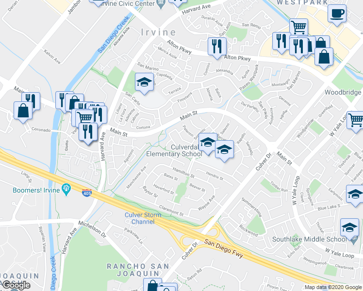 map of restaurants, bars, coffee shops, grocery stores, and more near 18 Trapani in Irvine