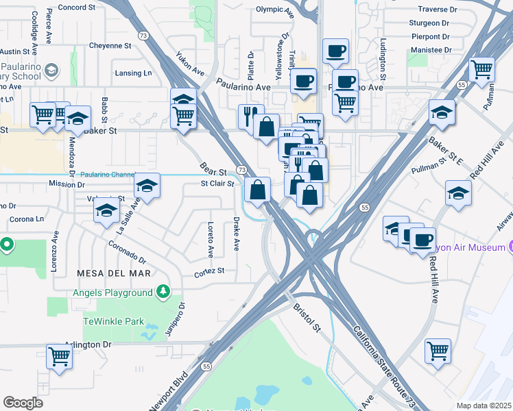 map of restaurants, bars, coffee shops, grocery stores, and more near 2891 Bear Street in Costa Mesa