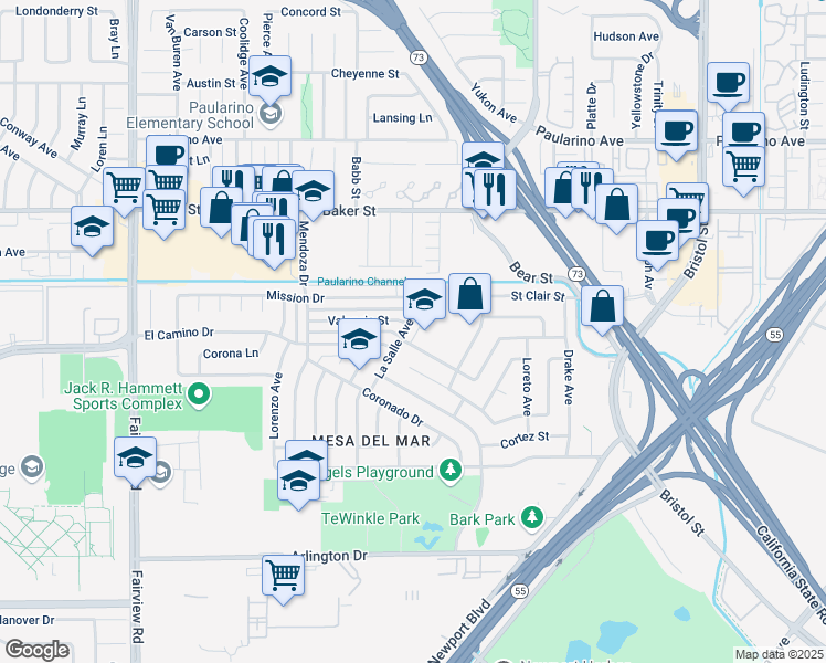 map of restaurants, bars, coffee shops, grocery stores, and more near 2864 La Salle Avenue in Costa Mesa