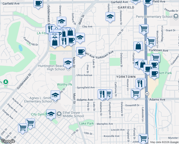 map of restaurants, bars, coffee shops, grocery stores, and more near 1922 Pine Street in Huntington Beach