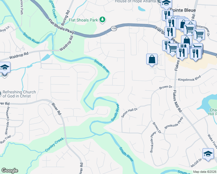 map of restaurants, bars, coffee shops, grocery stores, and more near 3600 River Edge Court in Decatur
