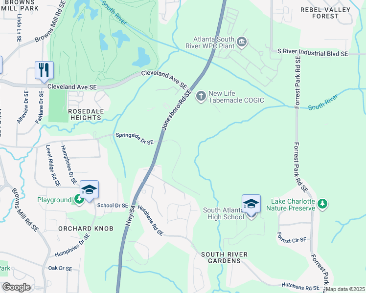 map of restaurants, bars, coffee shops, grocery stores, and more near 2860 Jonesboro Road Southeast in Atlanta