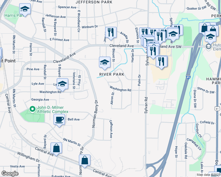 map of restaurants, bars, coffee shops, grocery stores, and more near 2895 Akron Street in East Point