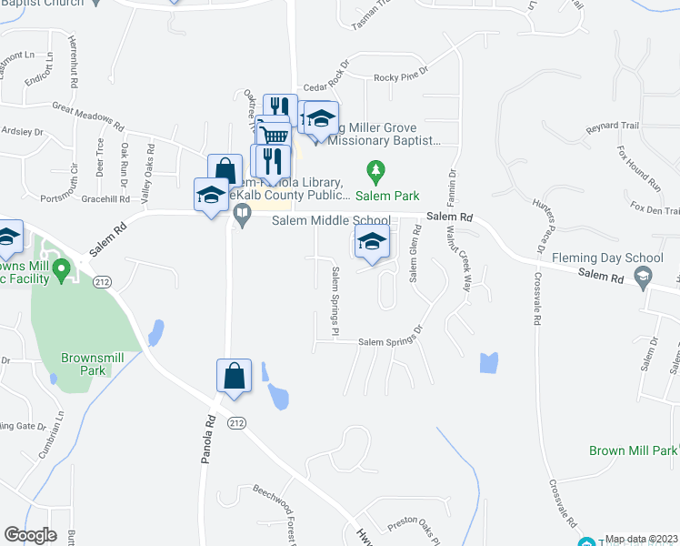 map of restaurants, bars, coffee shops, grocery stores, and more near 5304 Salem Springs Place in Stonecrest