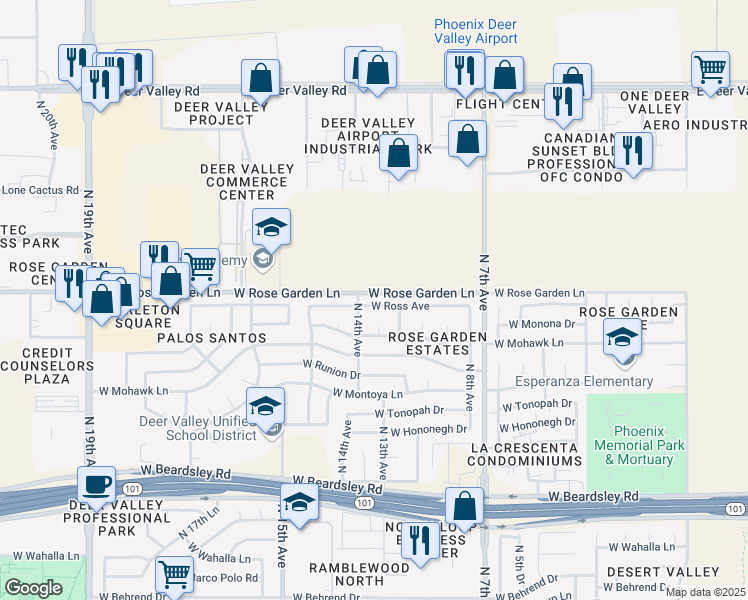 map of restaurants, bars, coffee shops, grocery stores, and more near 1126 West Ross Avenue in Phoenix