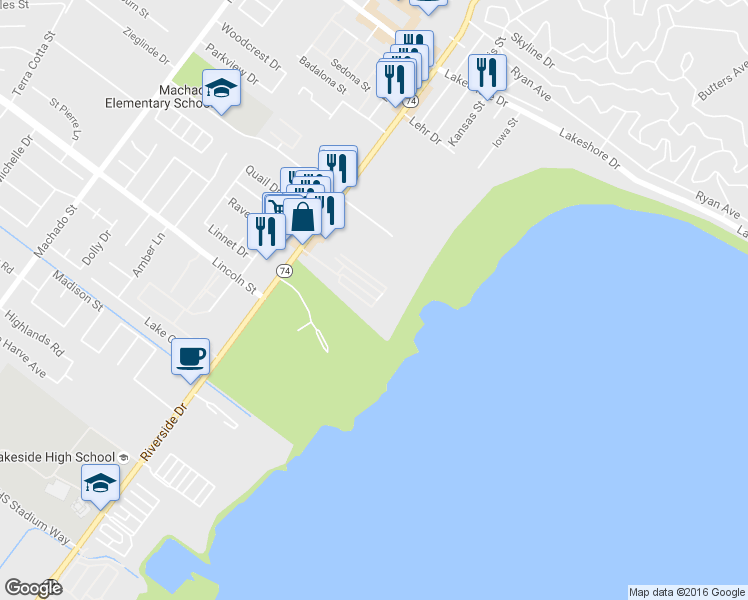 map of restaurants, bars, coffee shops, grocery stores, and more near 31750 Riverside Drive in Lake Elsinore