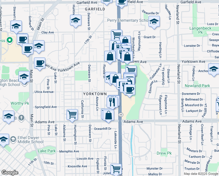 map of restaurants, bars, coffee shops, grocery stores, and more near 721 Utica Avenue in Huntington Beach