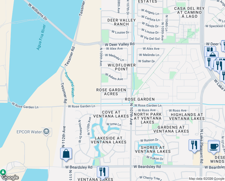map of restaurants, bars, coffee shops, grocery stores, and more near 10827 West Quail Avenue in Sun City