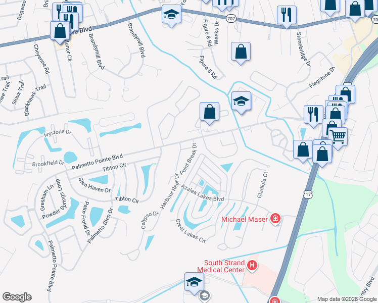 map of restaurants, bars, coffee shops, grocery stores, and more near 105 Point Break Drive in Myrtle Beach