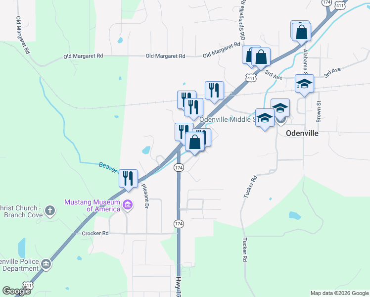 map of restaurants, bars, coffee shops, grocery stores, and more near 13699 Highway 411 in Odenville