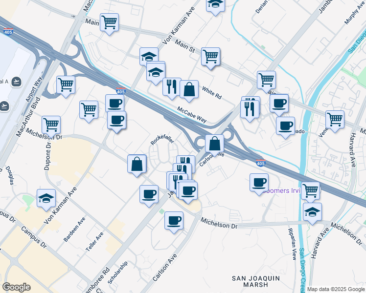map of restaurants, bars, coffee shops, grocery stores, and more near 135 Bowery in Irvine