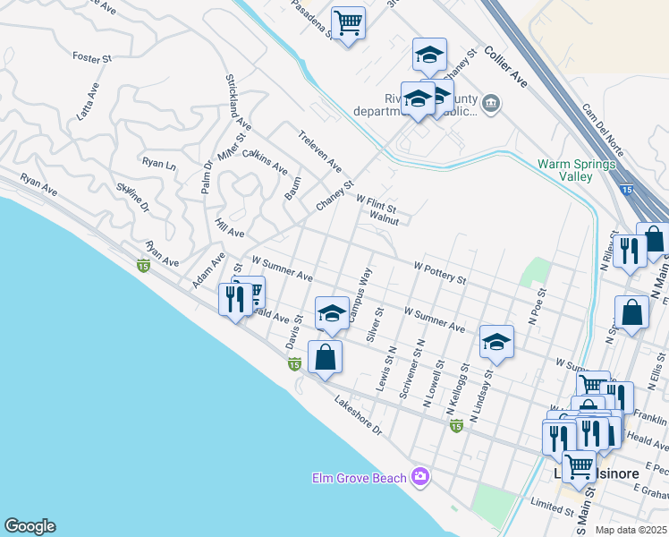 map of restaurants, bars, coffee shops, grocery stores, and more near 307 Mohr Street in Lake Elsinore