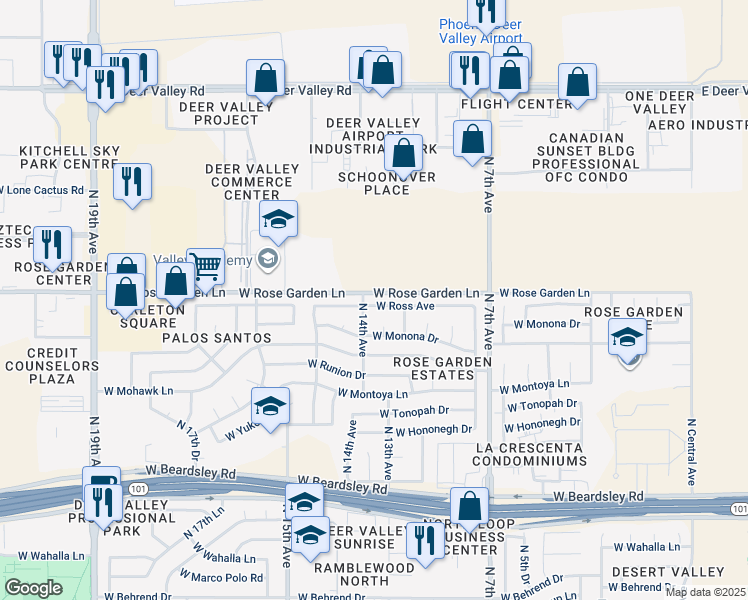map of restaurants, bars, coffee shops, grocery stores, and more near 1126 West Ross Avenue in Phoenix