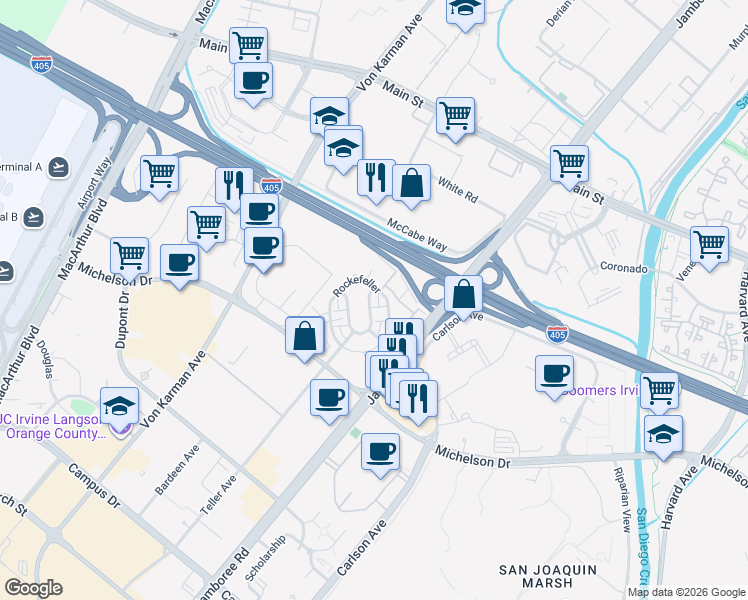map of restaurants, bars, coffee shops, grocery stores, and more near 55 Gramercy in Irvine