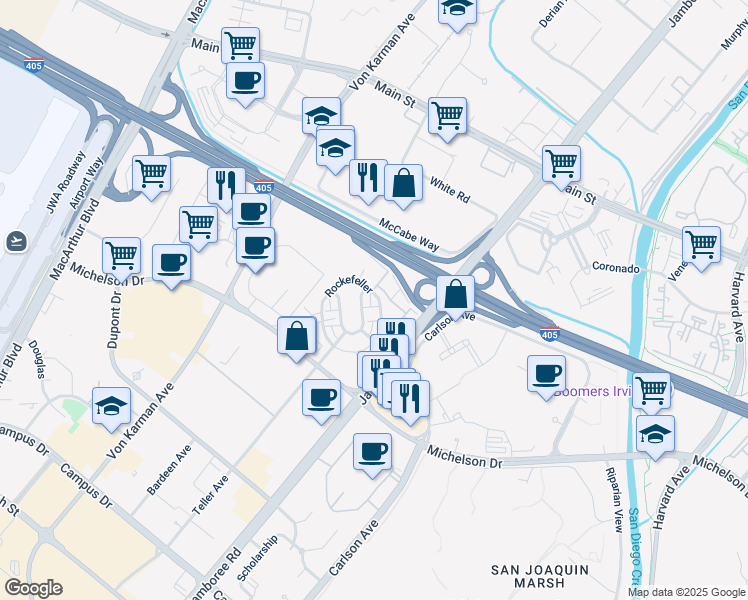 map of restaurants, bars, coffee shops, grocery stores, and more near 53 Gramercy in Irvine