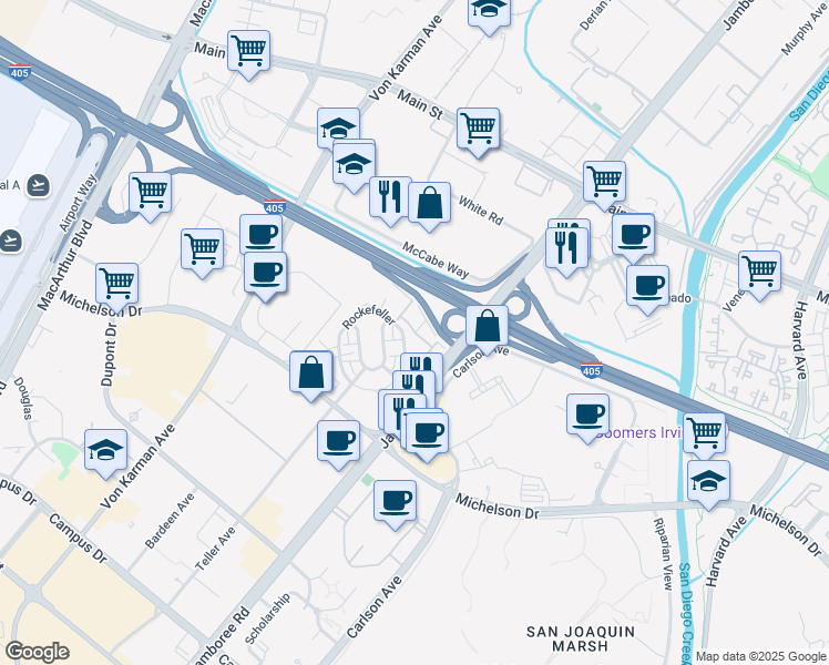 map of restaurants, bars, coffee shops, grocery stores, and more near 151 Bowery in Irvine