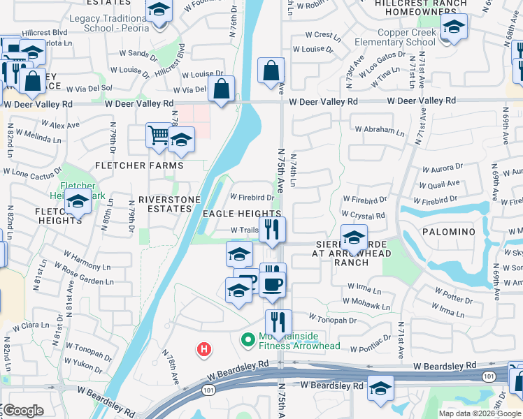 map of restaurants, bars, coffee shops, grocery stores, and more near 7553 West Firebird Drive in Glendale