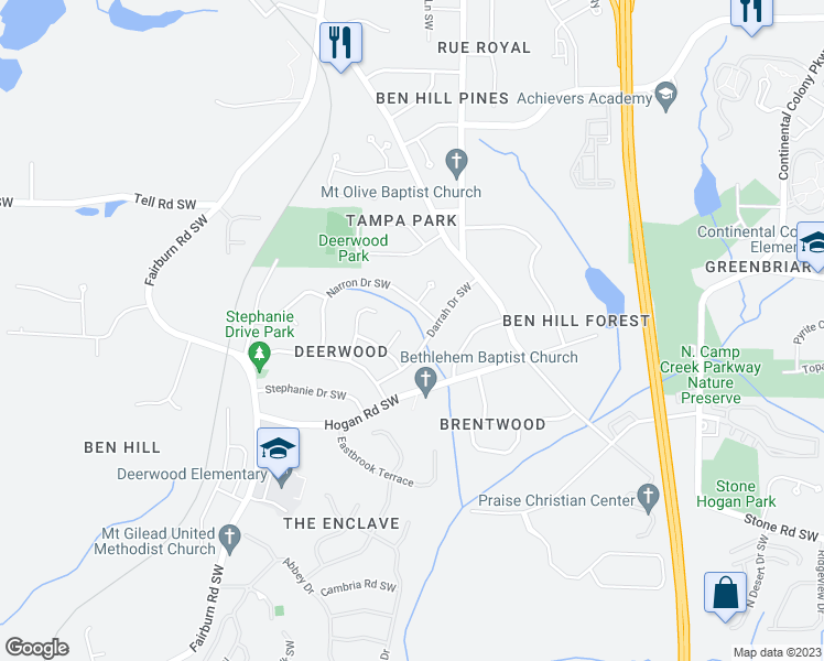 map of restaurants, bars, coffee shops, grocery stores, and more near 2900 Darrah Court Southwest in Atlanta