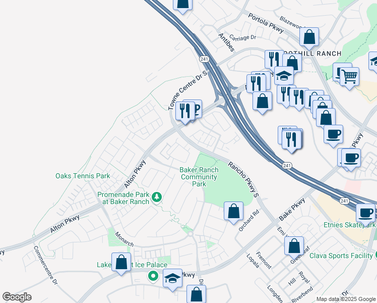 map of restaurants, bars, coffee shops, grocery stores, and more near 202 Finch in Lake Forest