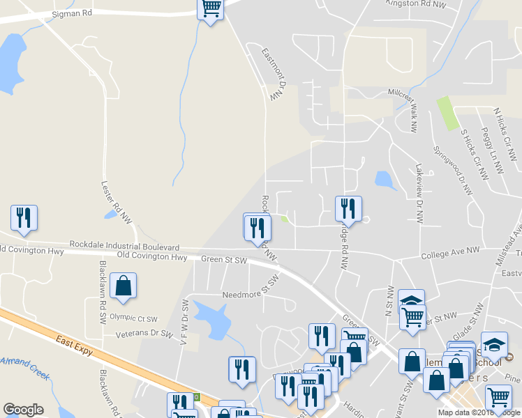 map of restaurants, bars, coffee shops, grocery stores, and more near 1232 Rockbridge Road Northwest in Conyers