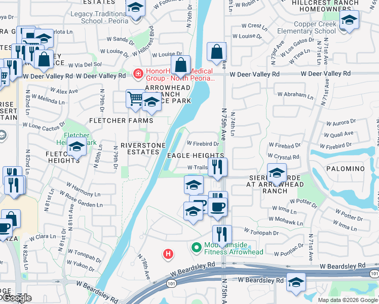 map of restaurants, bars, coffee shops, grocery stores, and more near 21092 North 76th Avenue in Glendale