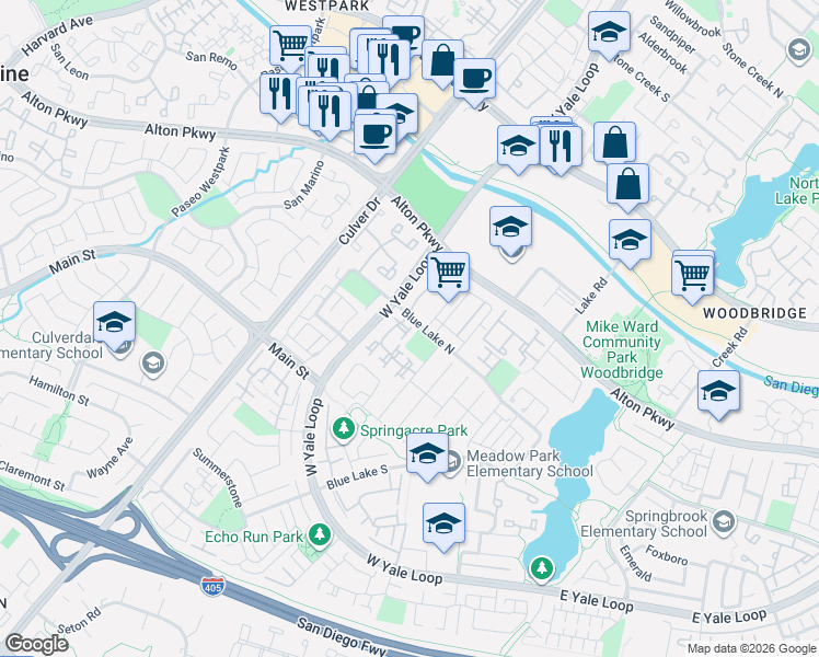 map of restaurants, bars, coffee shops, grocery stores, and more near 7 Havenwood in Irvine