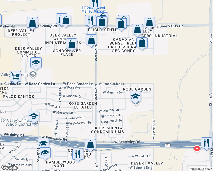 map of restaurants, bars, coffee shops, grocery stores, and more near 510 West Ross Avenue in Phoenix
