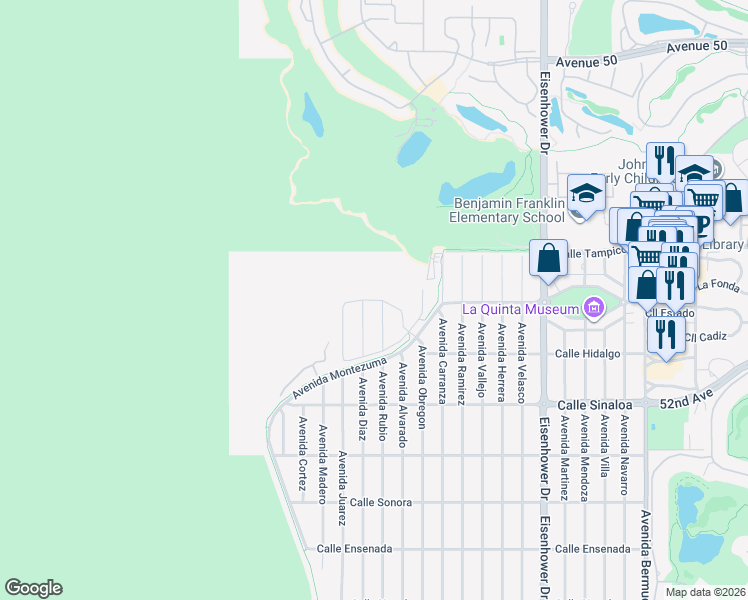 map of restaurants, bars, coffee shops, grocery stores, and more near 77403 Calle Yucatan in La Quinta